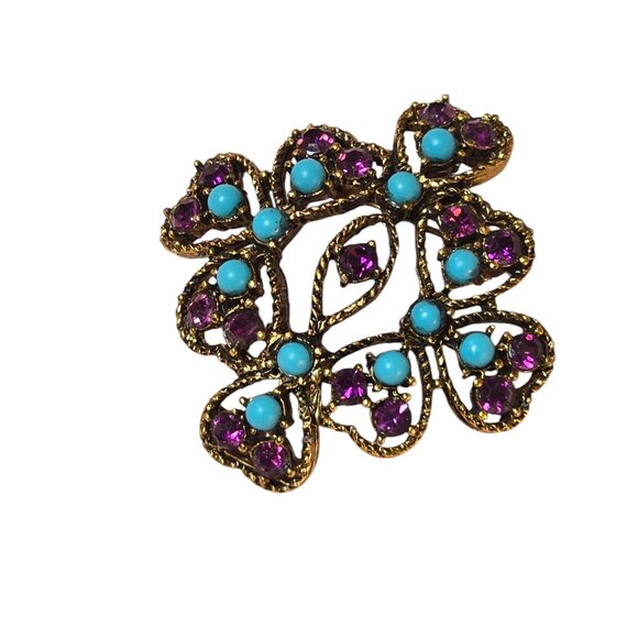 Vintage Dark Gold Turquoise Purple Crystal Dome Brooch - Picture 3 of 3